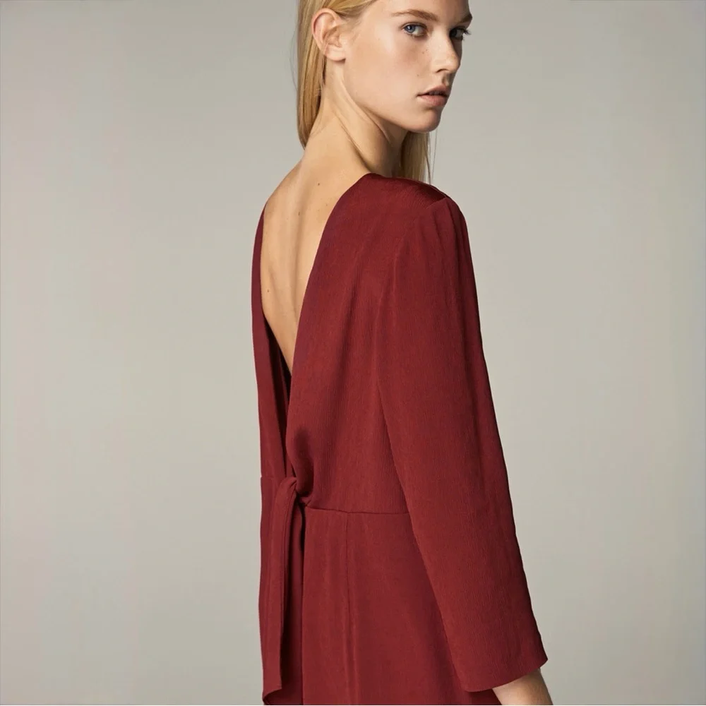 Massimo Dutti Burgundy Open Back Tie Dress | Deep V Back | Size 6 - Picture 3 of 13